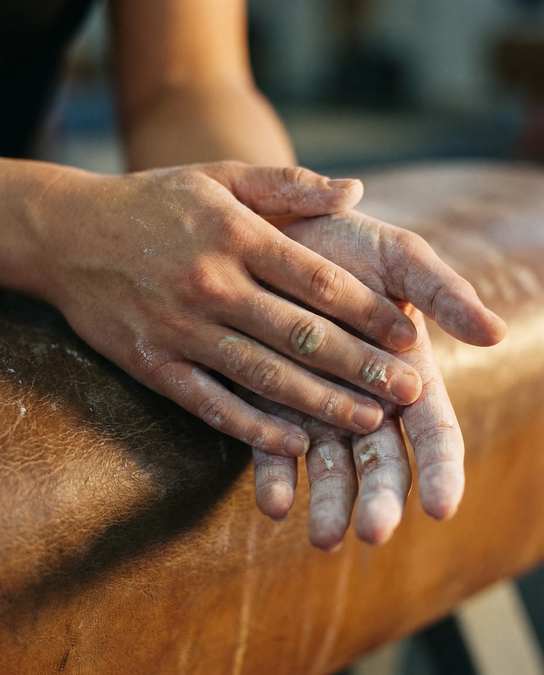 A gymnast's hands dusted with chalk, the calluses faded