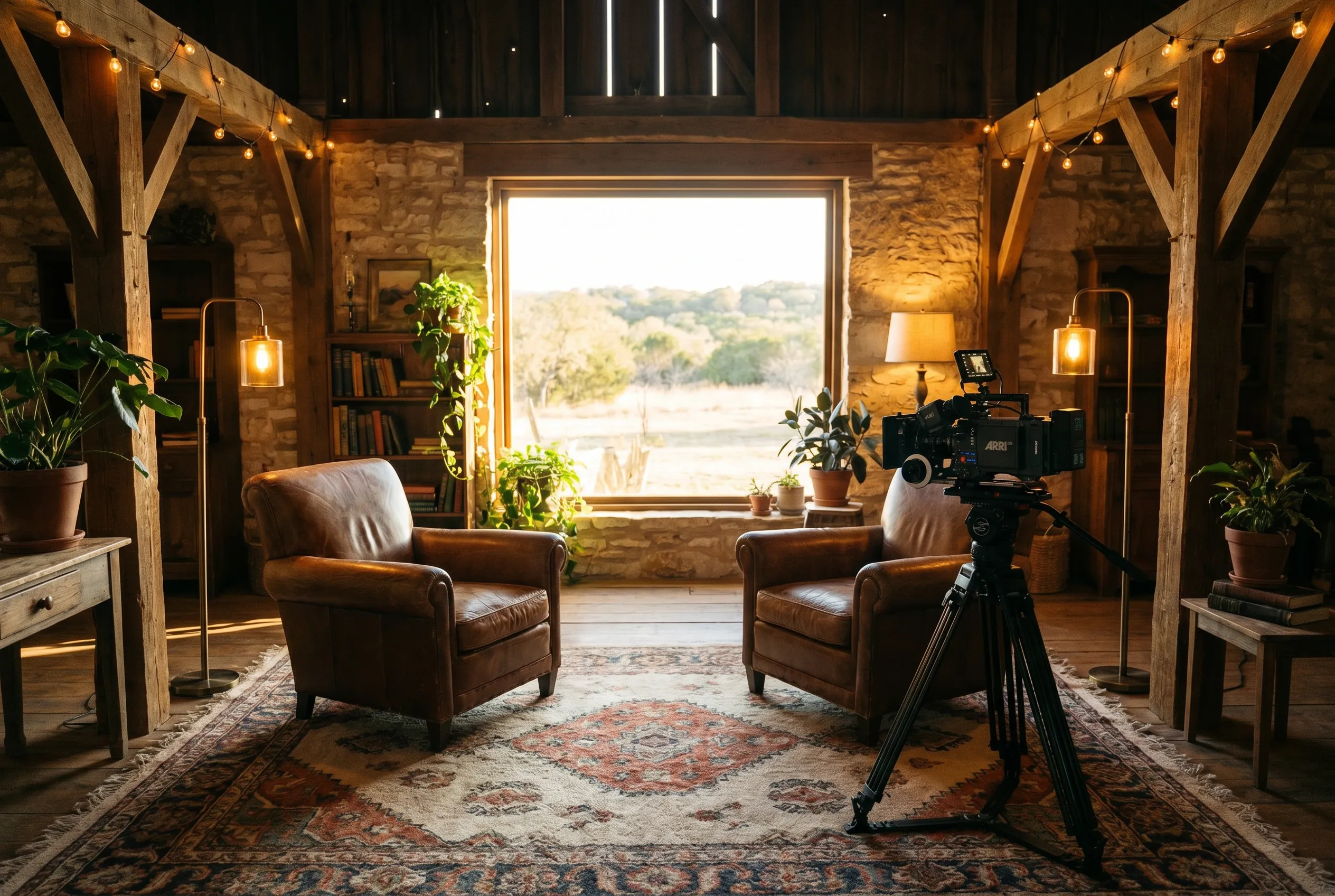 The barn interview studio: two chairs, one camera